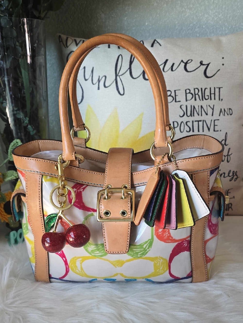 Coach VINTAGE SCRIBBLE Pattern Tote Turnlocks Brass Hardware Vachetta Leather